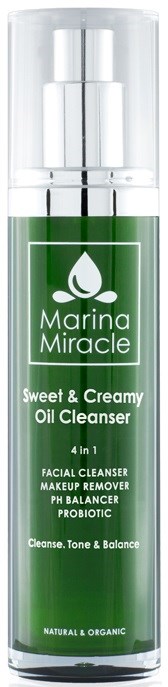 Grüne Flasche von Marina Miracle Sweet & Creamy Oil Cleanser mit Pumpe, verspricht Haut zu reinigen, auszugleichen und zu tonisieren.
