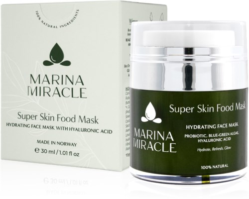 Ein Tiegel und eine Schachtel Marina Miracle Super Skin Food Mask, eine feuchtigkeitsspendende Gesichtsmaske mit Hyaluronsäure und grüner Alge.