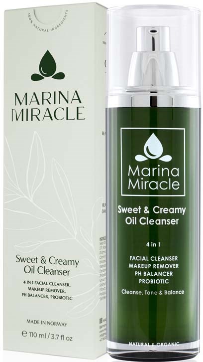 Eine grüne Flasche und Verpackung für Marina Miracle Sweet & Creamy Oil Cleanser, mit Sprühkopf und Naturblatt-Design.