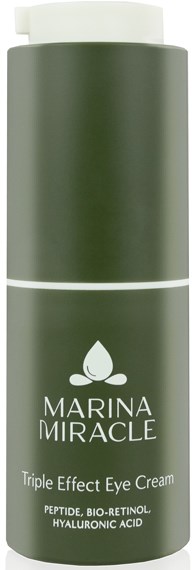 Eine grüne zylindrische Flasche mit weißem Text und Wassertropfen-Logo, gekennzeichnet als Marina Miracle Triple Effect Eye Cream.