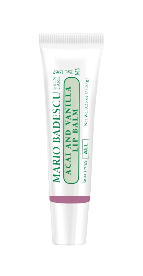 Tube van Mario Badescu huidverzorgingslippenbalsem met groene en paarse tekst.