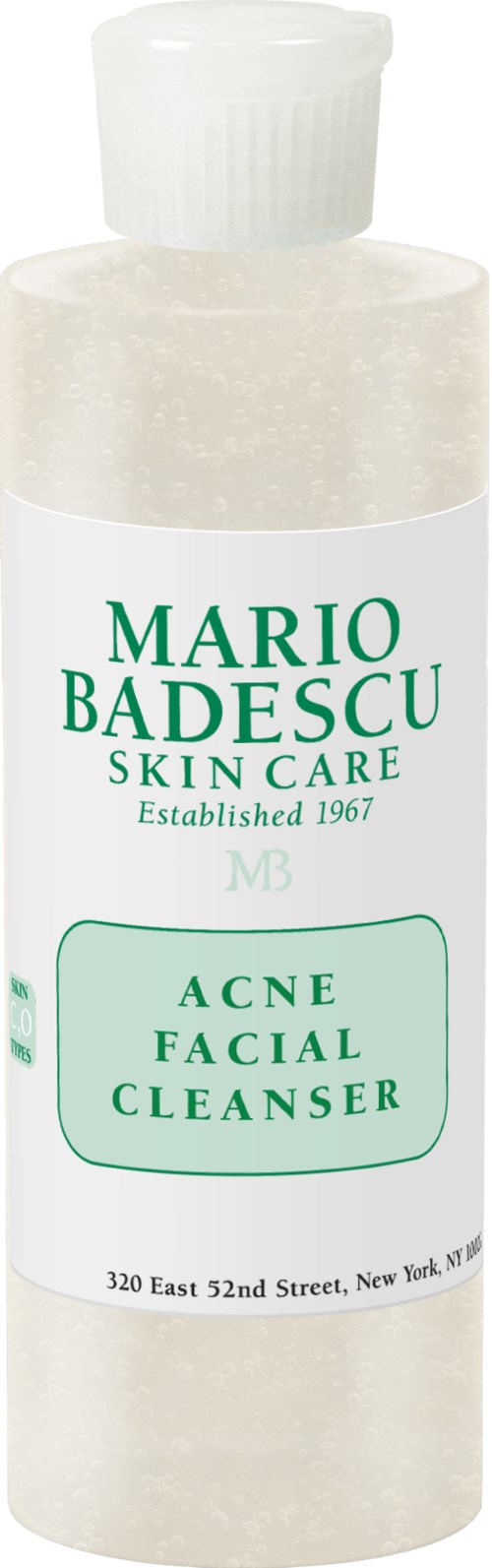 Een witte fles met de tekst 'Mario Badescu Skin Care Acne Facial Cleanser' in groen, gebruikt voor gezichtsverzorging.