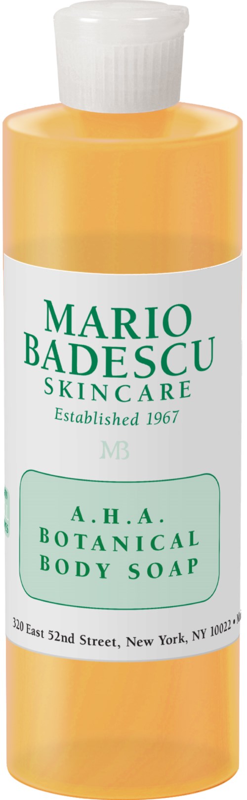 Een flesje Mario Badescu A.H.A. Botanical Body Soap met witte dop en oranje label.