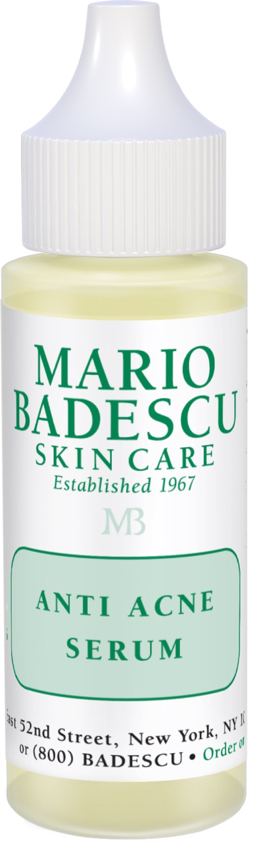 Kleine weiße Flasche mit 'Mario Badescu'-Etikett für Hautpflege, speziell 'Anti Acne Serum', mit grüner Schrift und Tropfeaufsatz.