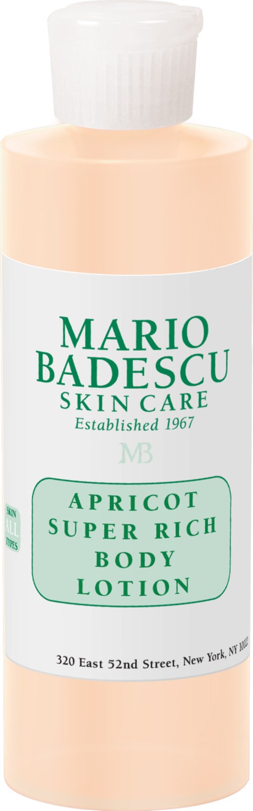 En persikfärgad flaska med vit lock, märkt 'Mario Badescu Skin Care Apricot Super Rich Body Lotion.'
