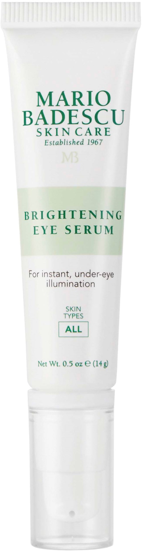 Een witte tube met de tekst 'Mario Badescu Skin Care' die verstevigend oogserum voor alle huidtypes promoot.