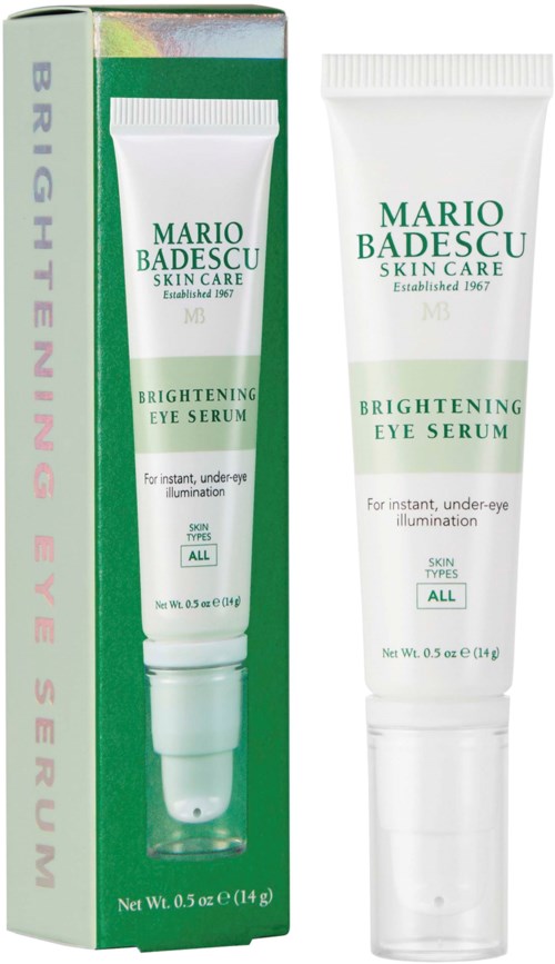 Een huidverzorgingsproduct genaamd Mario Badescu Brightening Eye Serum, te zien in een tube en doos.