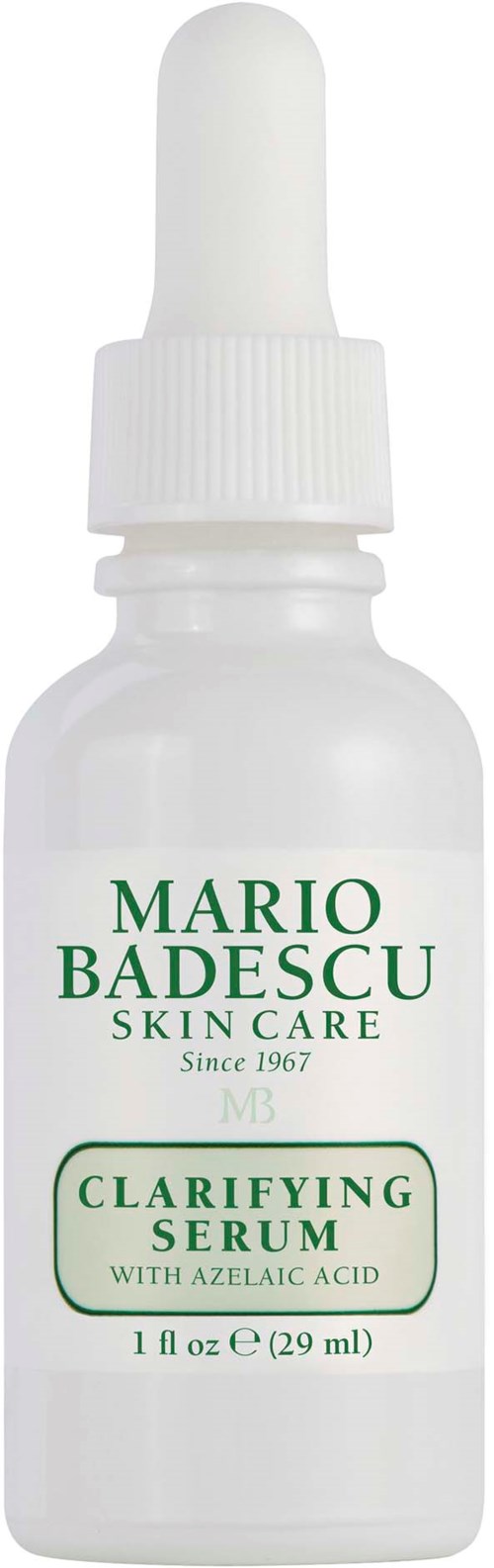 A small white bottle with a dropper, labeled Mario Badescu skincare, clarifying serum with azelaic acid, 29 ml.