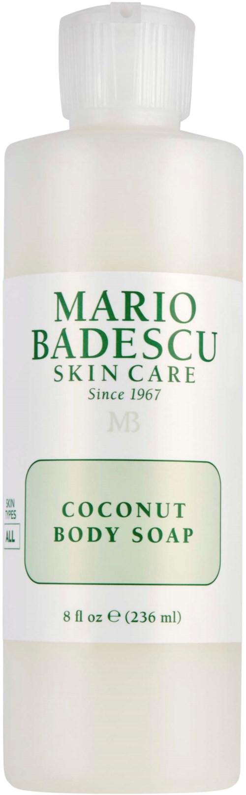 En vit flaska med Mario Badescu Coconut Body Soap med en grön etikett.