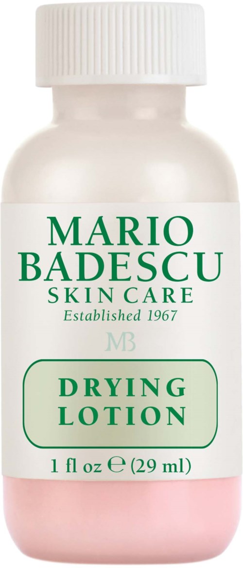 Klein wit en roze flesje met Mario Badescu Drying Lotion voor huidverzorging, gemarkeerd met product- en merkinformatie.