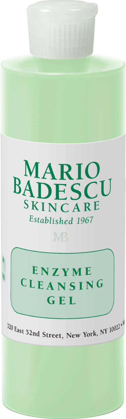 Lichtgroene fles met Mario Badescu Enzyme Cleansing Gel, witte dop en label.