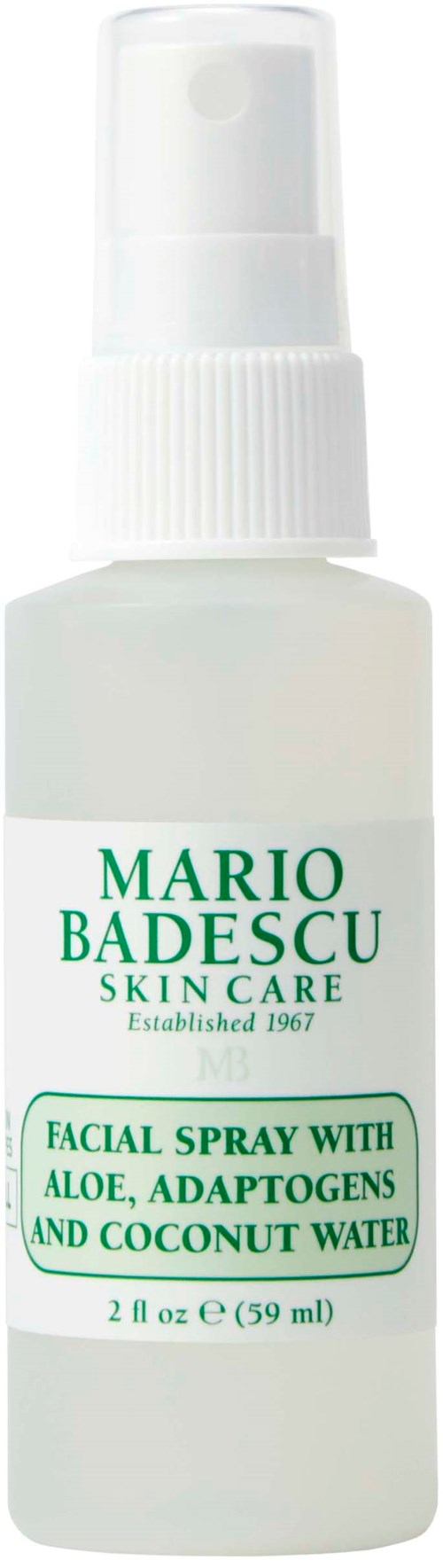 Een klein wit sprayflesje met groene tekst 'Mario Badescu Skin Care' met aloe, adaptogenen en kokoswater.