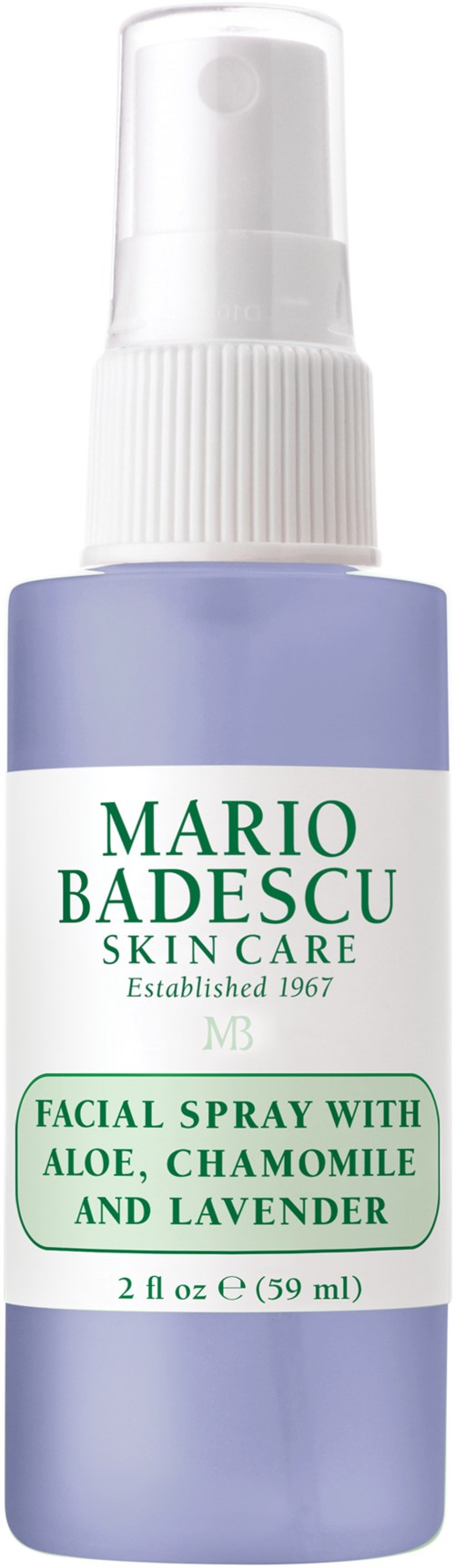 Kleine blaue Flasche mit Sprühkopf, gekennzeichnet als Gesichtsspray mit Aloe, Kamille und Lavendel von Mario Badescu.