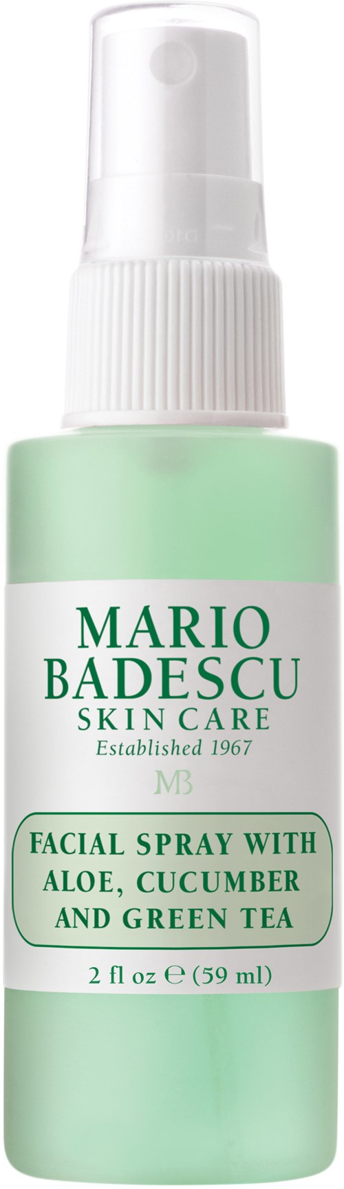 En grön och vit ansikts sprayflaska märkt med aloe, gurka och grönt te ingredienser.