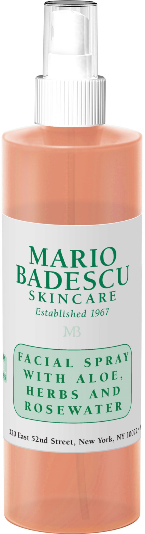 Een roze gezichtssprayonfle with een wit sprayhoofd, gelabeld als Mario Badescu skincare met aloë, kruiden en rozenwater.