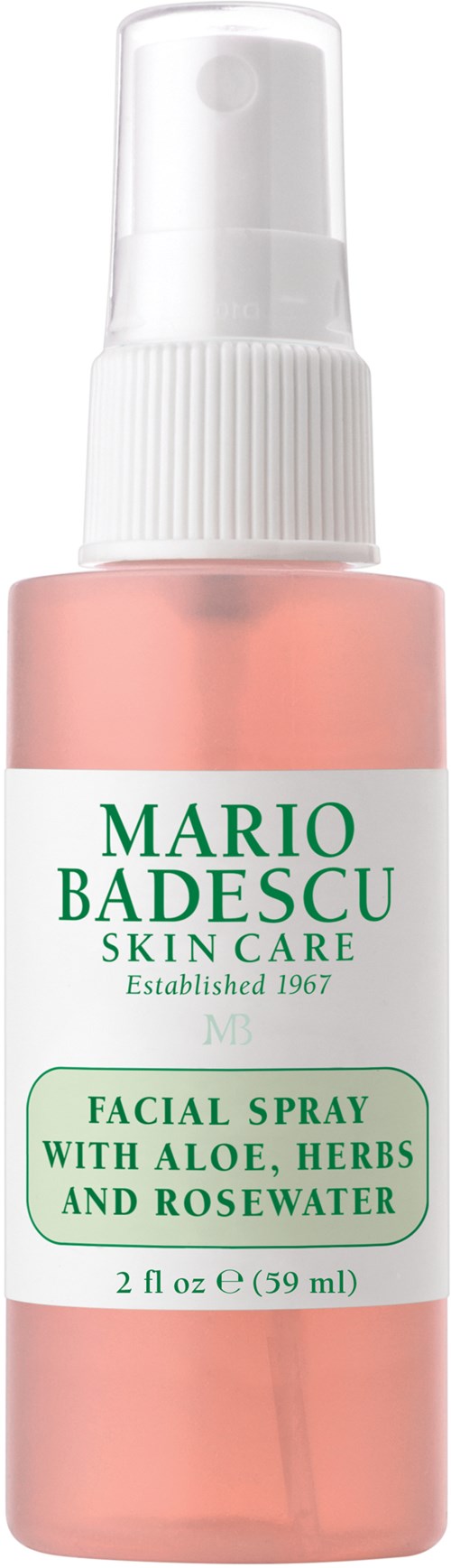 Een klein roze gezichtsprayfles met witte spraydop. Het is gemerkt met groene tekst voor Mario Badescu huidverzorging.