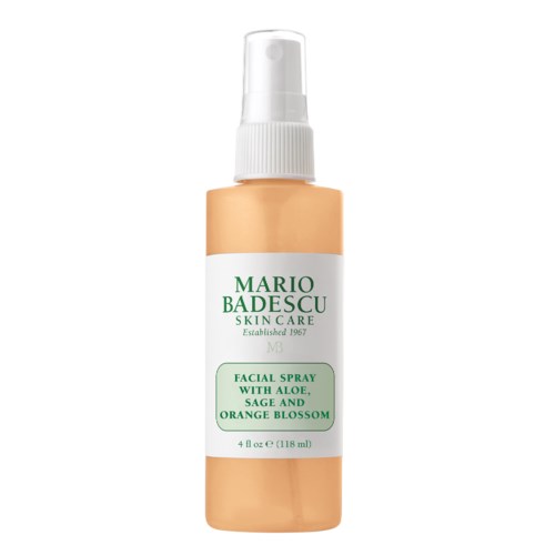 A small spray bottle of facial spray with aloe, sage, and orange blossom from Mario Badescu Skin Care.