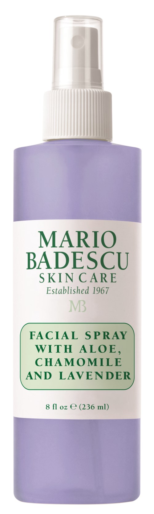 Lilafärgad ansiktsspray med aloe, kamomill och lavendel, från Mario Badescu Skin Care, i sprayflaska.