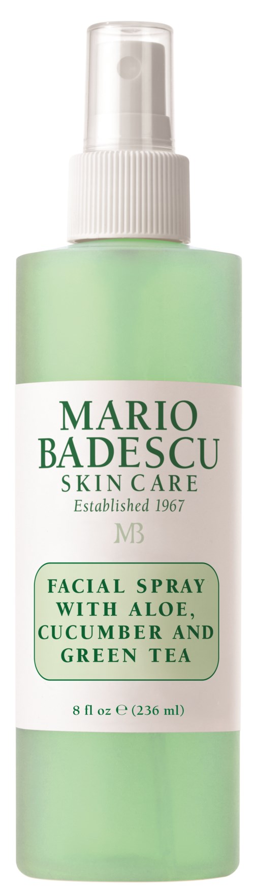 En grön sprayflaska märkt Mario Badescu Facial Spray med Aloe, Gurka och Grönt Te, 8 ounces.