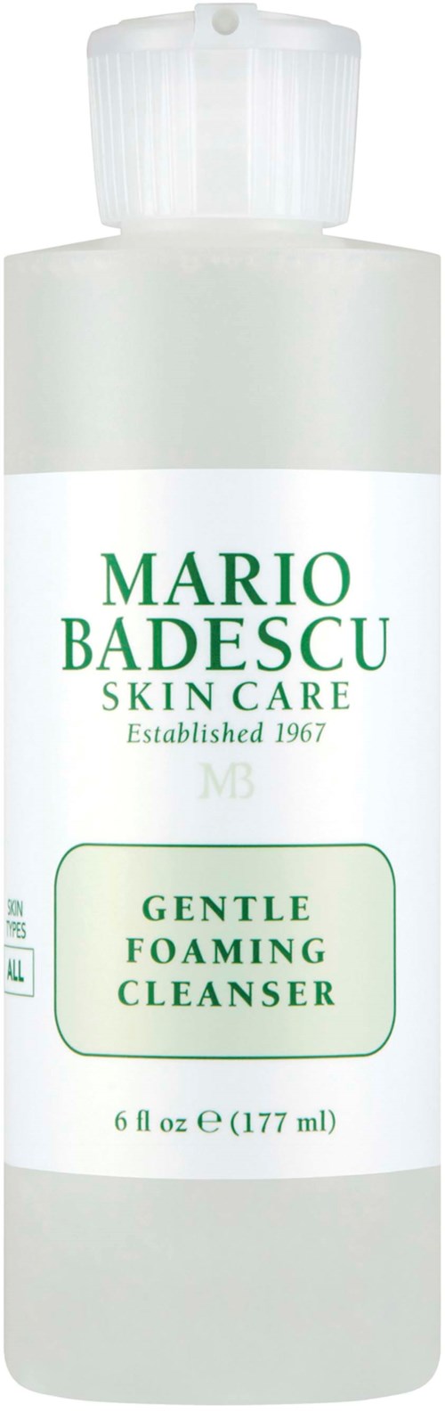 Valkoinen pullo Mario Badescu Gentle Foaming Cleanser ja valkoinen korkki. Tähdessä on vihreä teksti.