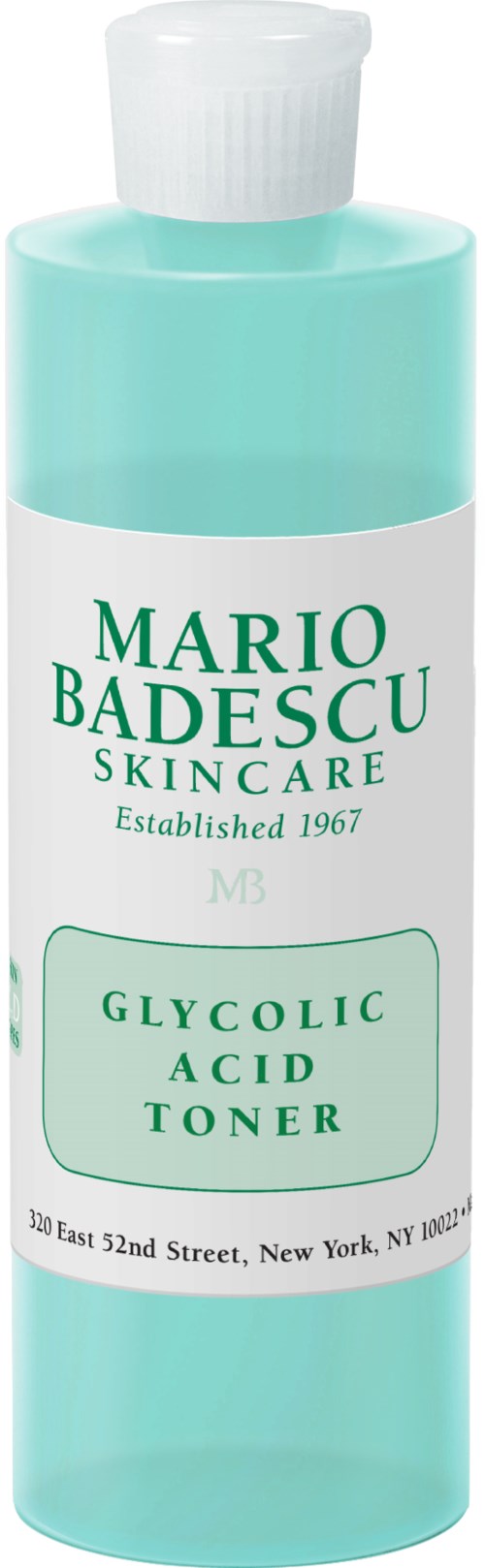 Eine hellblaue Flasche mit Mario Badescu Hautpflege Glycolic Acid Toner mit weißem Deckel.