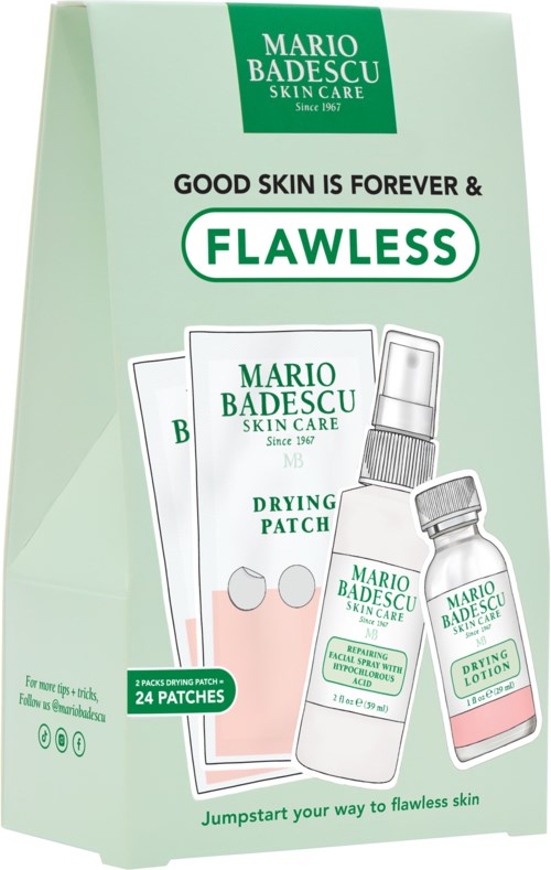 En hudpleiepakke med plaster, spray og lotion fra Mario Badescu, som fremmer sunn hud og lindrer tørrhet.