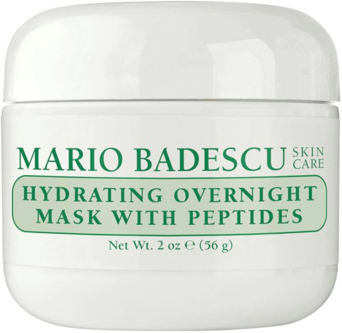 Ein weißer Behälter mit der Aufschrift 'Mario Badescu Skin Care Hydrating Overnight Mask with Peptides'.