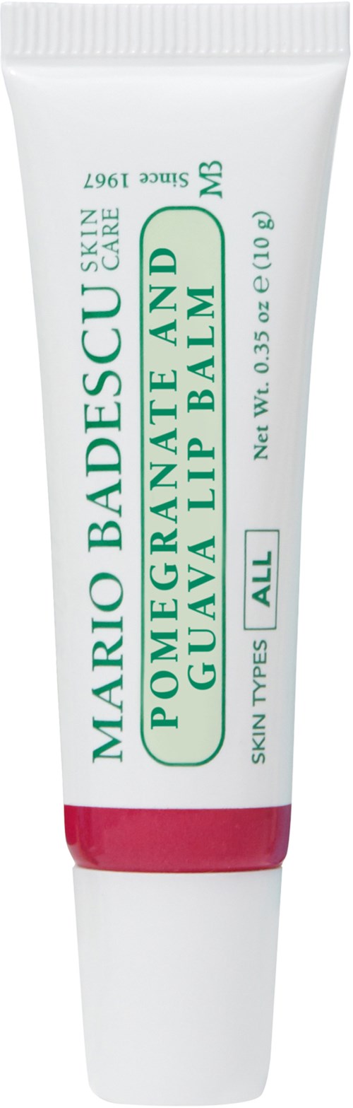 A small tube of lip balm for all skin types with green and red accents, labeled as Mario Badescu.