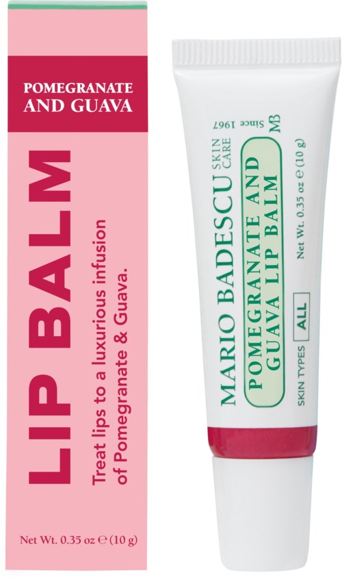 Lip balm tube and box with pink and white colors, featuring mint green text and description.