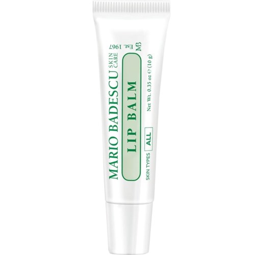 Ein kleiner weißer Tuben mit grüner Beschriftung für Lippenbalsam, geeignet für alle Hauttypen.