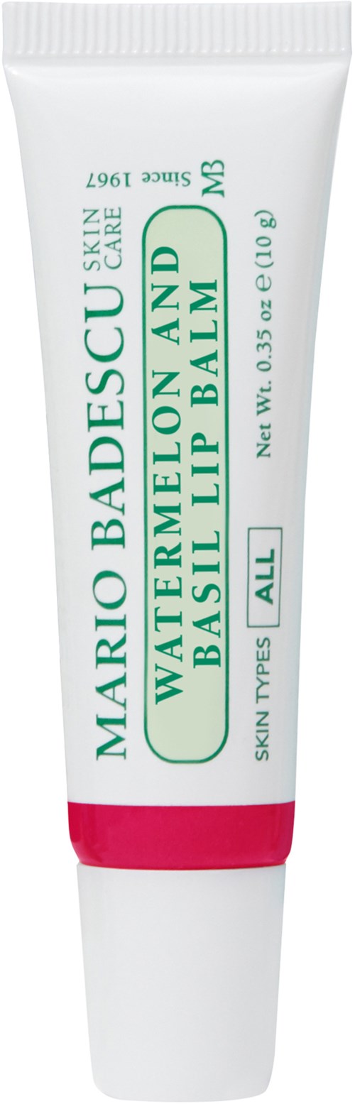 A tube of Mario Badescu skin balm with basil scent, suitable for all skin types, 0.35 oz.  Leaves lips smooth.