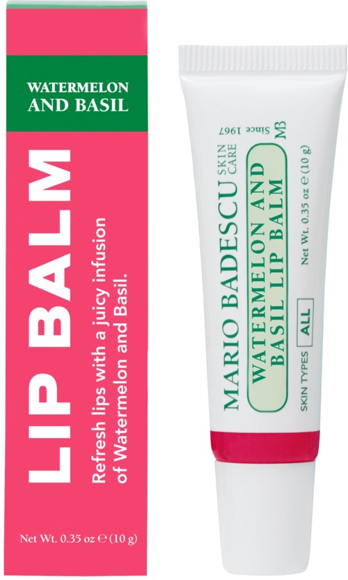 Lip balm in a tube with watermelon and basil flavor, in green and pink packaging. Acts as a lip moisturizer.