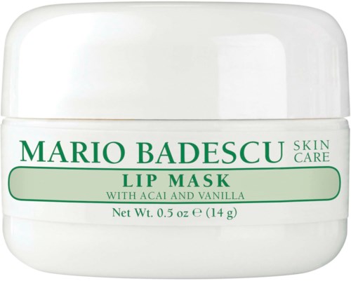 Een witte potje met Mario Badescu lipmasker met groene tekst, 14 gram vanille- en acai smaak.