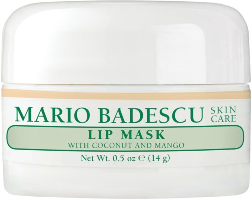 A white jar of Mario Badescu skin care lip mask with coconut and mango, weighing 0.5 ounces (14 grams).