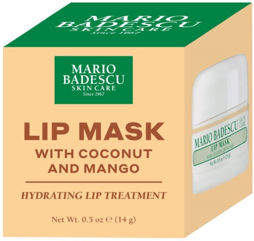 A box of Mario Badescu Lip Mask with coconut and mango, used for hydrating lips.