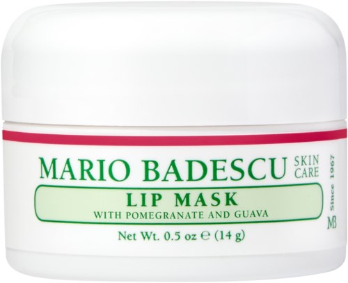 Pieni valkoinen purkki Mario Badescu huulinaamioon, jossa on vihreä ja punainen teksti, sisältää granaattiomenaa ja guavaa, 14 grammaa.