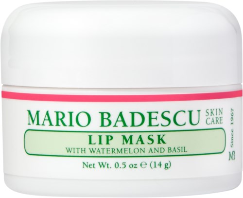 A white jar with pink and green text, containing Mario Badescu Lip Mask with watermelon and basil.