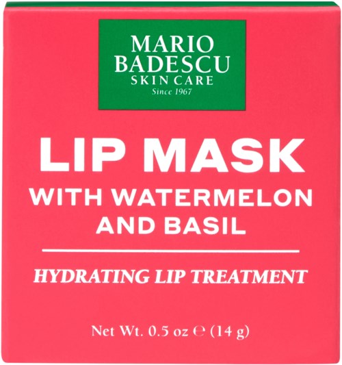 Packaging for a Mario Badescu lip mask with watermelon and basil, claims to hydrate lips, net weight 0.5 oz.