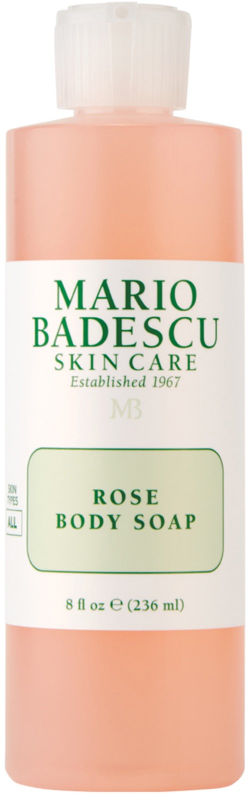 Een roze fles met 'Mario Badescu Skin Care' label, witte dop, bevat rozen lichaamszeep, 8 fl oz.