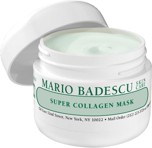 Ein weißer Behälter mit Mario Badescu Super Collagen Mask, geöffnet, mit hellgrüner Creme.