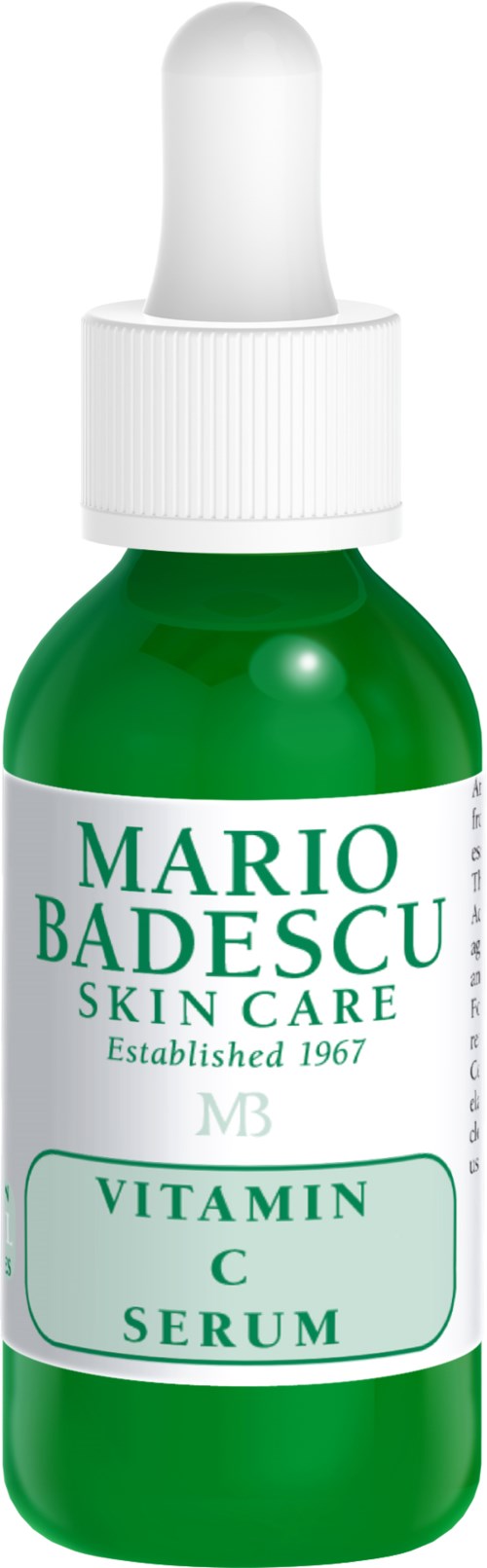 Groene fles met pipet, gemarkeerd Mario Badescu Vitamin C Serum, huidverzorgingsproduct opgericht in 1967.