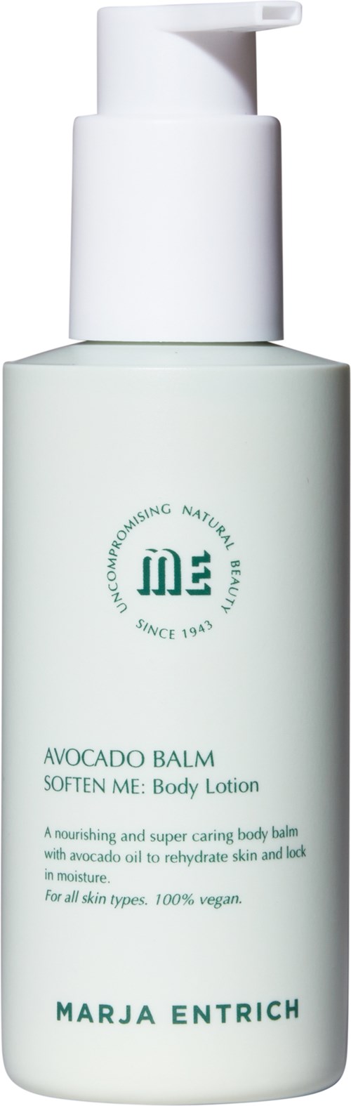 A white bottle with a pump, labeled 'Avocado Balm' for body lotion, by Marja Entrich, vegan and moisturizing.