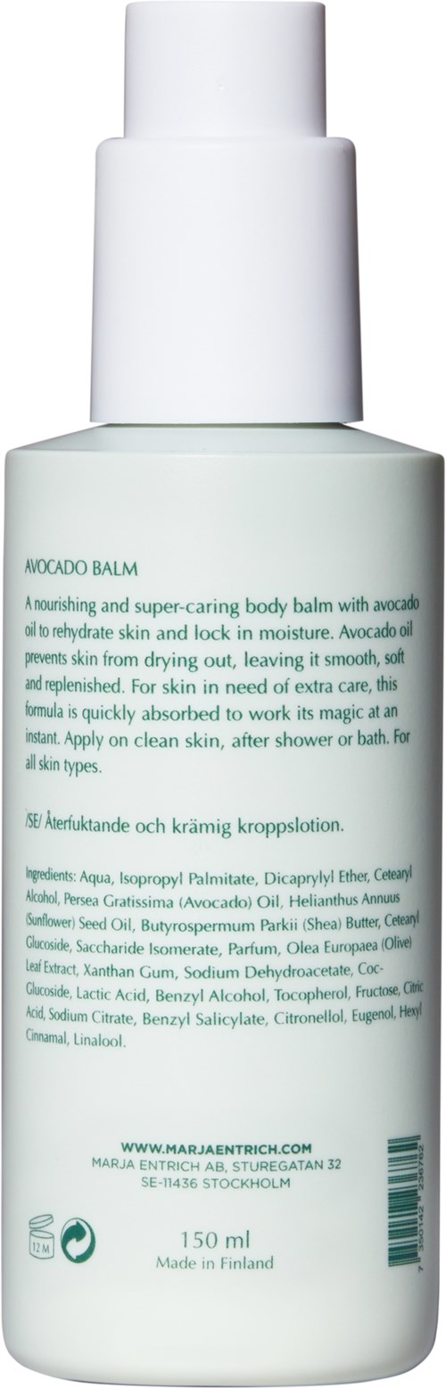 A white bottle labeled Avocado Balm with a pump top, containing 150ml, designed for skin care.