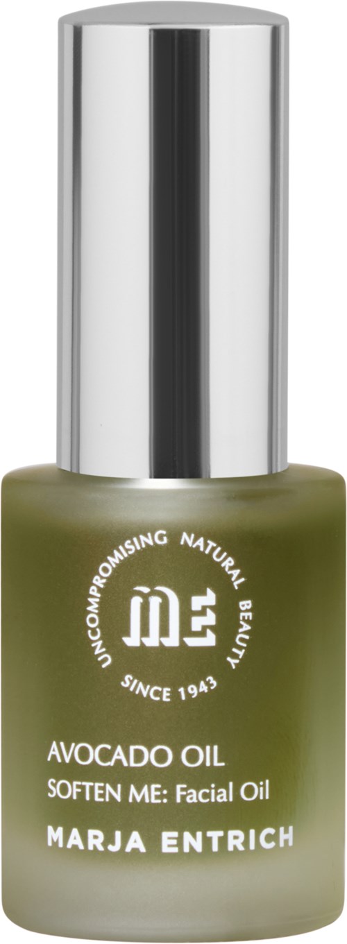 A bottle of face oil labeled 'Avocado Oil' from Marja Entrich with a metallic cap.