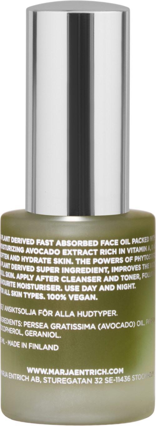 Small green bottle with silver cap, contains face oil. Text explains benefits, ingredients, and use, made in Finland.