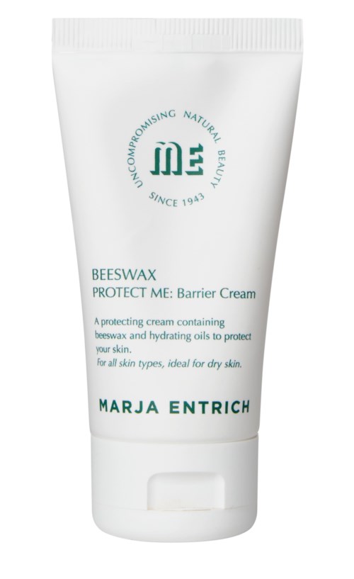 A white tube of barrier cream with green text, named Marja Entrich, containing beeswax and hydrating oils for dry skin.