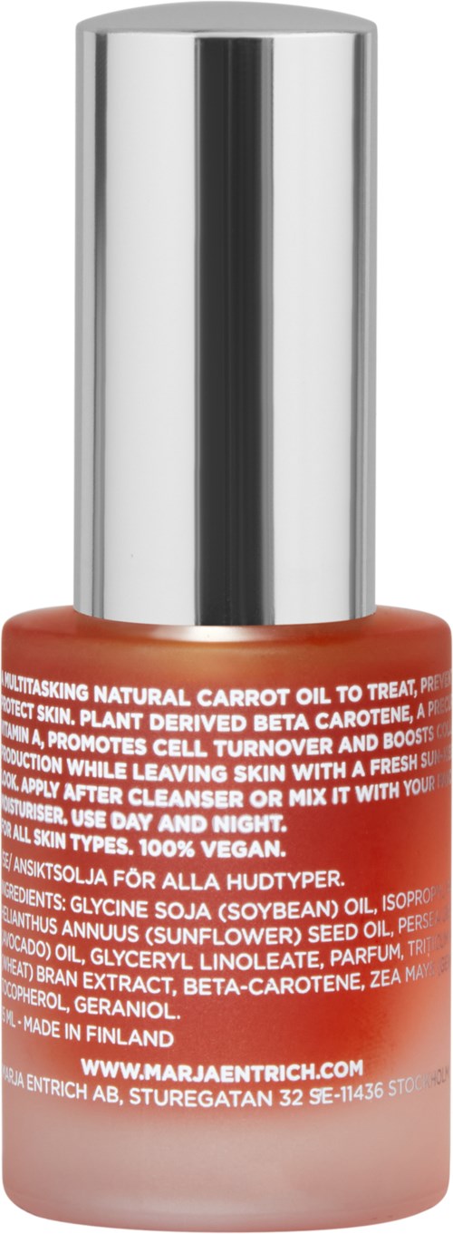 A small bottle with a silver cap and orange body, featuring white text about skincare ingredients and instructions.