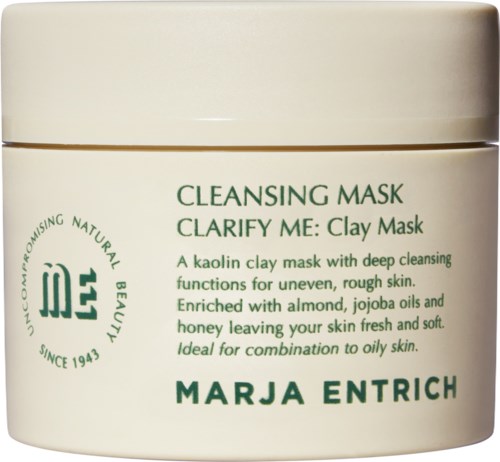 A jar of clay mask by Marja Entrich, designed to clean and smooth oily, rough skin.