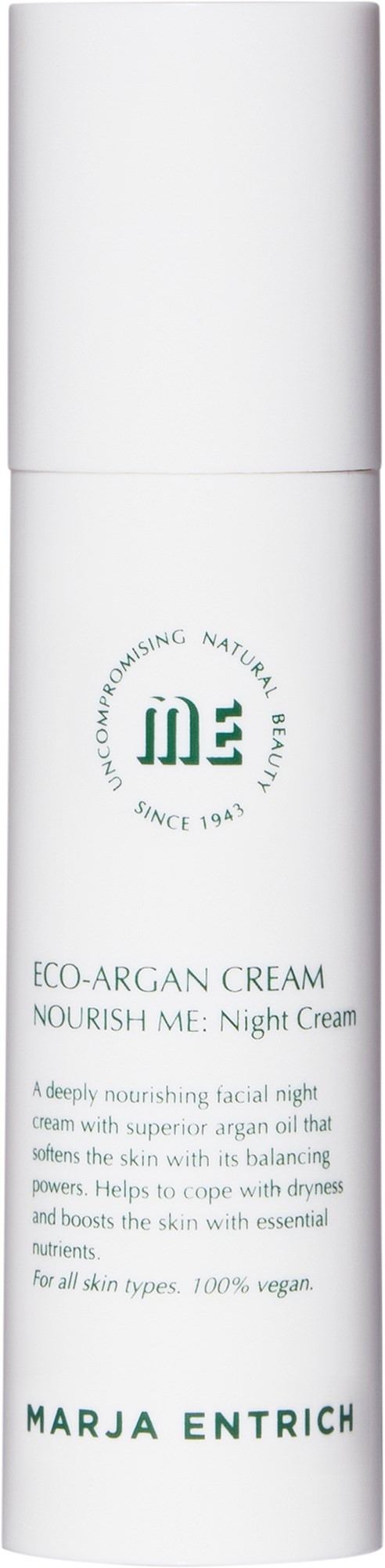 A white cylindrical bottle of Marja Entrich Eco-Argan Cream for night use, with minimal text and logo.