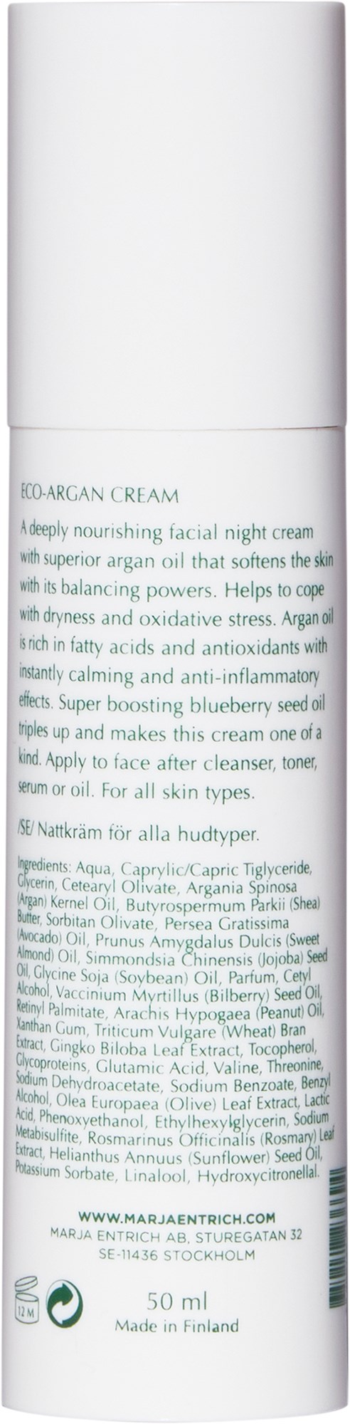A white cylindrical bottle with small text describing a skincare product, including ingredients and instructions.